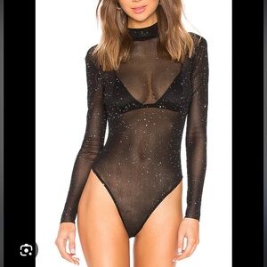 superdown Black Mesh Sparkle bodysuit with mock neck.